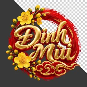 File PNG - Chữ Đinh Mùi 3D tròn hoa mai vàng mây đỏ ngày Tết