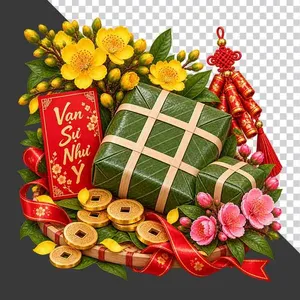 File PNG - Mẹt bánh chưng đôi hoa mai hoa đào bao lì xì Vạn Sự Như Ý tiền cổ và pháo đỏ