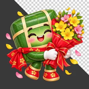 File PNG - Bánh chưng ôm bó hoa đào hoa mai rực rỡ chào xuân ngày Tết