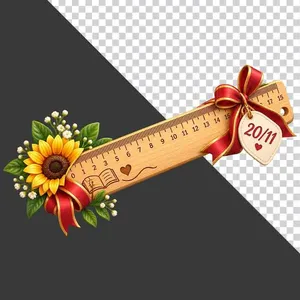 File PNG - Thước thẳng gỗ hoa hướng dương nơ đỏ thẻ 20/11 tri ân thầy cô   