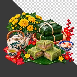 File PNG - Mẹt bánh chưng đôi cắt miếng hoa cúc vàng ấm chén và dưa hành ngày Tết
