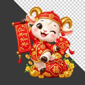 File PNG - Tượng chú dê đỏ nháy mắt cầm cuộn thư Chúc Mừng Năm Mới, bao lì xì và túi Phúc