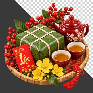 File PNG - Mẹt tre bánh chưng ấm chén đỏ hoa mai bao lì xì Lộc và cành quả đỏ