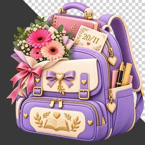 File PNG - Balo học sinh tím kem hoa cúc đồng tiền thẻ 20/11 tri ân thầy cô
