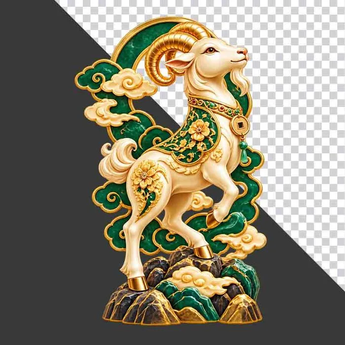Tượng dê vàng áo xanh ngọc bích đứng trên núi phong thủy - File PNG