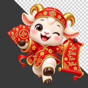File PNG - Chú dê đỏ cầm lì xì và cuộn thư Lộc Đến Tận Nhà