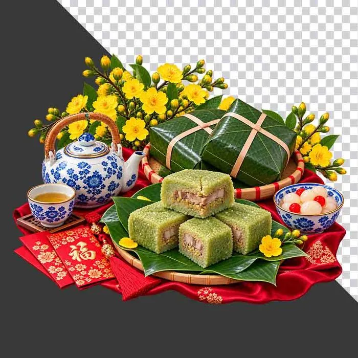 File PNG - Mâm cỗ Tết bánh chưng cắt miếng hoa mai vàng ấm chén sứ và bao lì xì Phúc