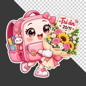 Nhân vật cặp sách hồng hoạt hình ôm bó hoa hướng dương và thiệp Tri ân 20/11 - File PNG