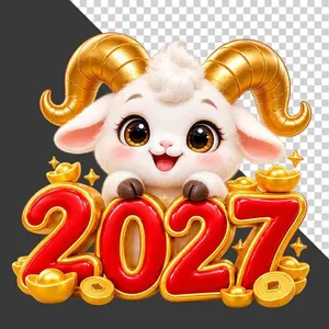Hình ảnh chú dê hoạt hình dễ thương nép mình sau chữ số 2027 đỏ vàng - File PNG