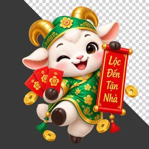 Tượng chú dê xanh nháy mắt cầm bao lì xì và cuộn thư Lộc Đến Tận Nhà - File PNG
