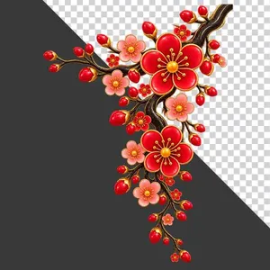 File PNG - Cành hoa đào đỏ hồng rủ dọc trang trí