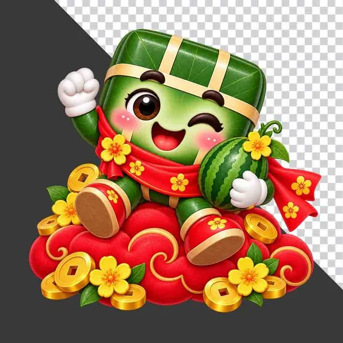 File PNG - Bánh chưng ngồi mây đỏ ôm dưa hấu tiền vàng hoa mai ngày Tết