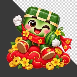 File PNG - Bánh chưng ngồi mây đỏ ôm dưa hấu tiền vàng hoa mai ngày Tết