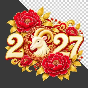 File PNG - Hình ảnh đầu dê trắng trong khung tròn và chữ số 2027 hoa mẫu đơn