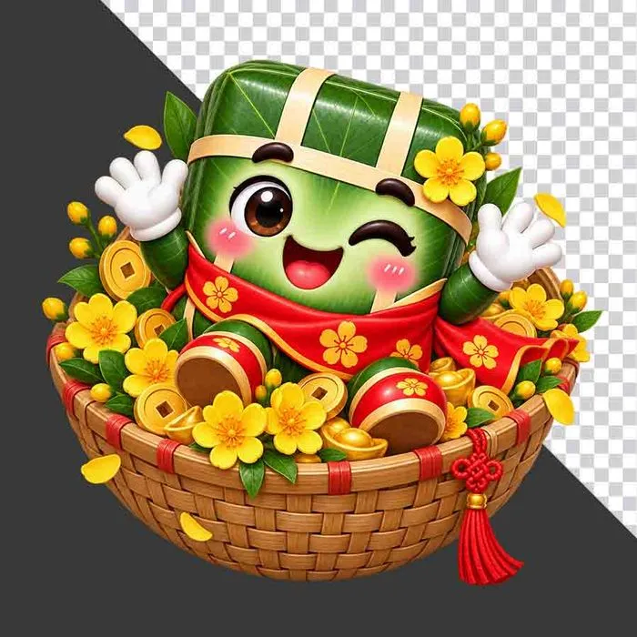 File PNG - Nhân vật hoạt hình bánh chưng vẫy tay vui tươi trong giỏ tre đầy hoa mai tiền vàng
