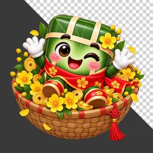 File PNG - Nhân vật hoạt hình bánh chưng vẫy tay vui tươi trong giỏ tre đầy hoa mai tiền vàng
