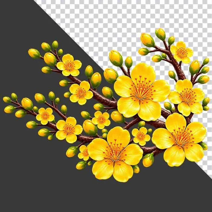 File PNG - Cành hoa mai vàng cụm xòe rộng đối xứng