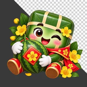 File PNG - Bánh chưng ôm quả dưa hấu đỏ thắt tem hoa mai ngày Tết