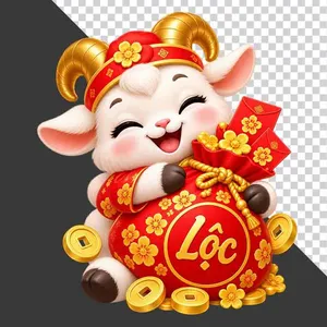 Tượng chú dê đỏ nháy mắt ôm túi tiền chữ Lộc chứa lì xì và tiền vàng