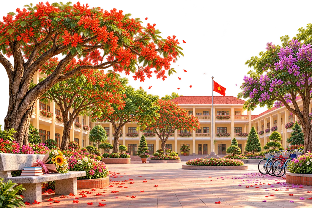 Sân trường hoa phượng đỏ mùa khai giảng kỷ yếu - File JPG