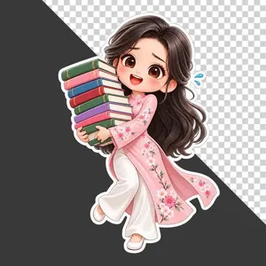 File PNG - Cô giáo hoạt hình mặc áo dài hồng ôm chồng sách lớn 20 tháng 11