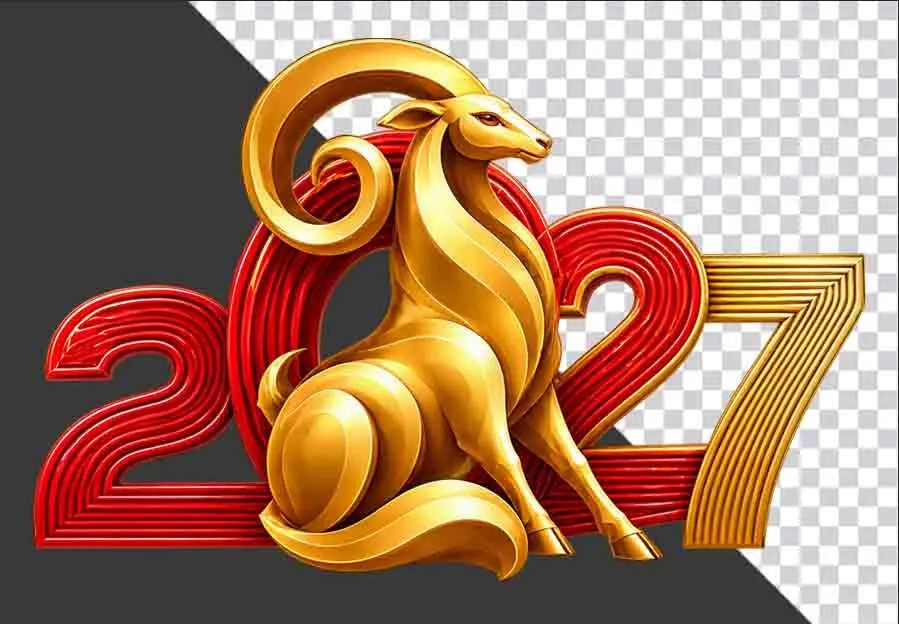 File PNG - Hình ảnh chú dê vàng ngồi kết hợp chữ số 2027 chào năm mới