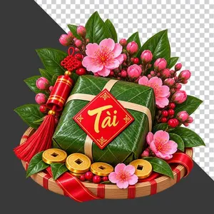 File PNG - Mẹt bánh chưng chữ Tài hoa đào thỏi vàng và tiền cổ may mắn