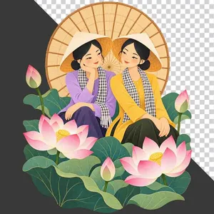Hai thiếu nữ mặc áo bà ba tím vàng khăn rằn đội nón lá bên đầm sen hồng  - PNG