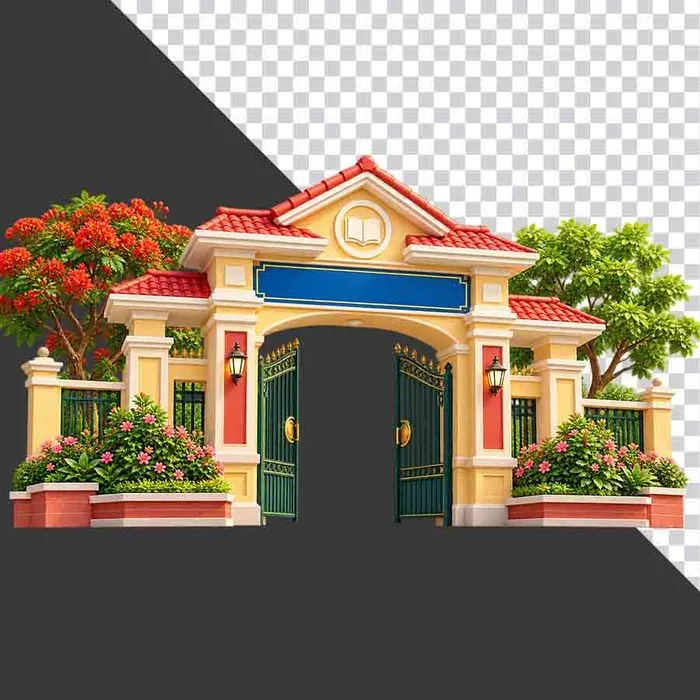 File PNG - Cổng trường học biểu tượng sách hoa phượng khai giảng