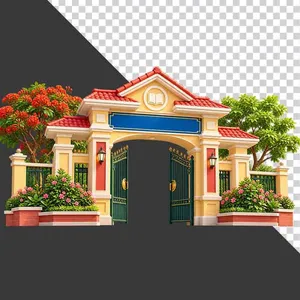 File PNG - Cổng trường học biểu tượng sách hoa phượng khai giảng