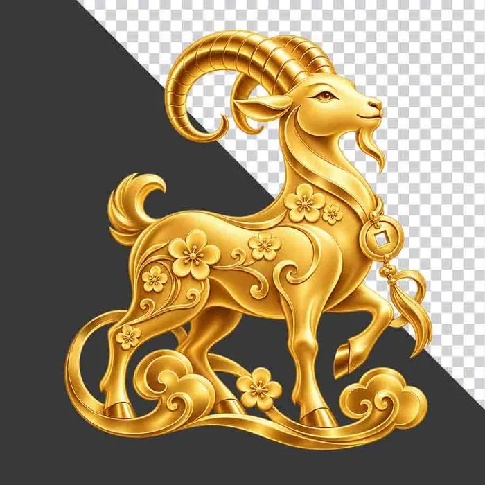File PNG - Tượng dê vàng nguyên khối đứng mây hoa mai tài lộc