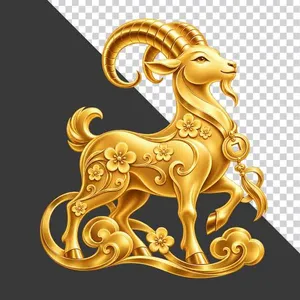 File PNG - Tượng dê vàng nguyên khối đứng mây hoa mai tài lộc