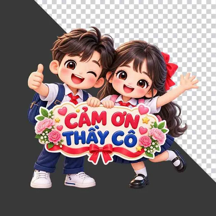 File PNG - Hai học sinh hoạt hình giơ bảng Cảm Ơn Thầy Cô chào mừng 20/11