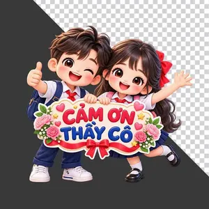 File PNG - Hai học sinh hoạt hình giơ bảng Cảm Ơn Thầy Cô chào mừng 20/11   