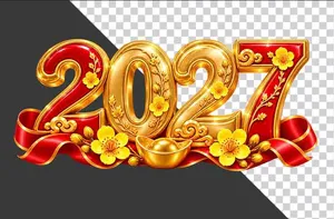 Hình ảnh chữ số 2027 đỏ vàng trang trí hoa mai - File PNG
