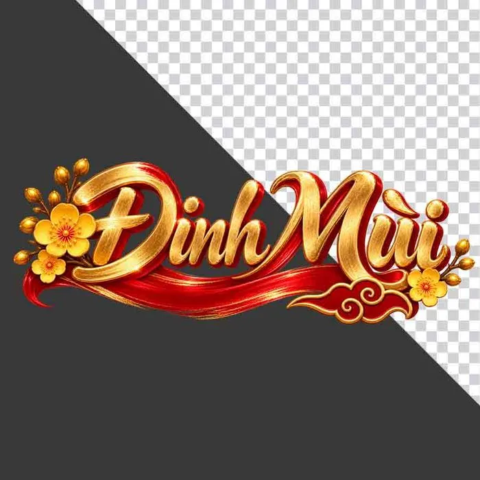 File PNG - Chữ Đinh Mùi 3D phong cách thư pháp vàng kim lụa đỏ hoa mai ngày Tết   