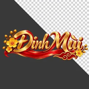 File PNG - Chữ Đinh Mùi 3D phong cách thư pháp vàng kim lụa đỏ hoa mai ngày Tết   