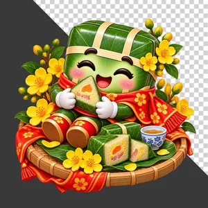 File PNG - Bánh chưng ngồi mâm tre ăn bánh chưng cắt lát hoa mai chén trà