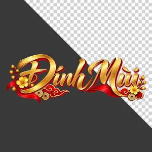 File PNG - Chữ Đinh Mùi 3D ngang hoa mai vàng lụa đỏ đồng tiền ngày Tết