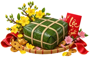 File PNG - Mẹt bánh chưng cắt miếng hoa cúc vàng ấm chén mứt tết và thỏi vàng tài lộc