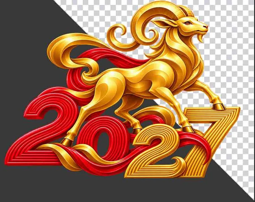 Mô hình chú dê vàng phi nước đại trên chữ số 2027 chào năm mới - File PNG