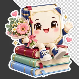 File PNG - Nhân vật cuốn sách hoạt hình ngồi trên chồng sách ôm bó hoa chào mừng 20/11