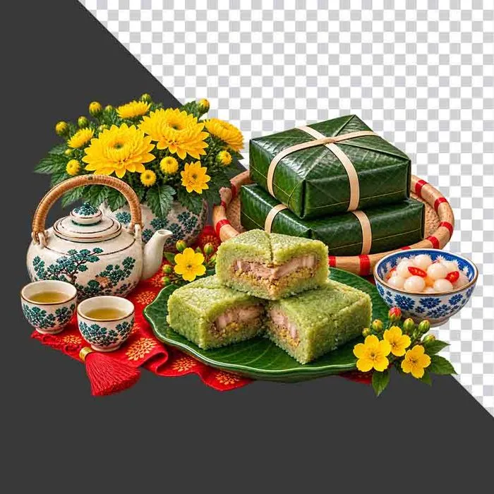 File PNG - Mâm cỗ bánh chưng trà ấm hoa mai ngày Tết