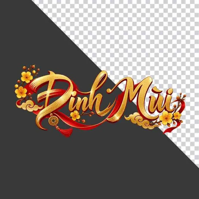 File PNG - Chữ Đinh Mùi 3D ngang hoa mai vàng lụa đỏ đồng tiền ngày Tết