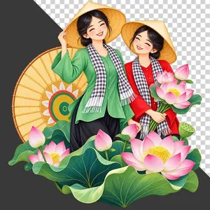 File PNG - Hai thiếu nữ mặc áo bà ba xanh đỏ khăn rằn đội nón lá ôm hoa sen bên đầm sen hồng   