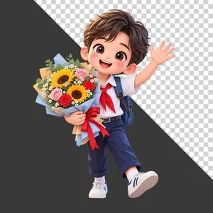 File PNG - Nam sinh mặc đồng phục đeo khăn quàng vẫy tay ôm bó hoa tri ân 20 tháng 11   