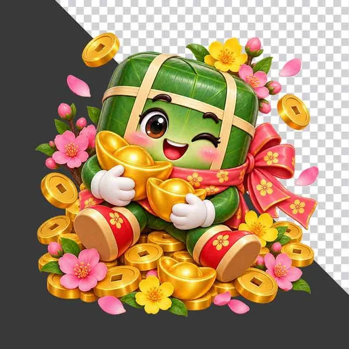 Nhân vật hoạt hình bánh chưng ngồi trên đống tiền vàng thỏi vàng hoa mai đào - File PNG