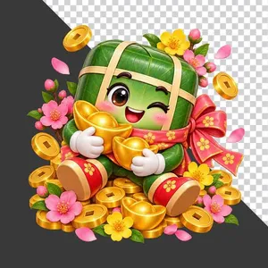 Nhân vật hoạt hình bánh chưng ngồi trên đống tiền vàng thỏi vàng hoa mai đào - File PNG