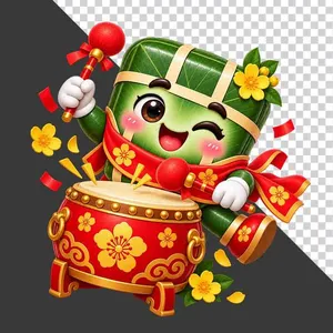File PNG - Bánh chưng đánh trống hội đỏ hoa mai vàng rực rỡ đón Tết