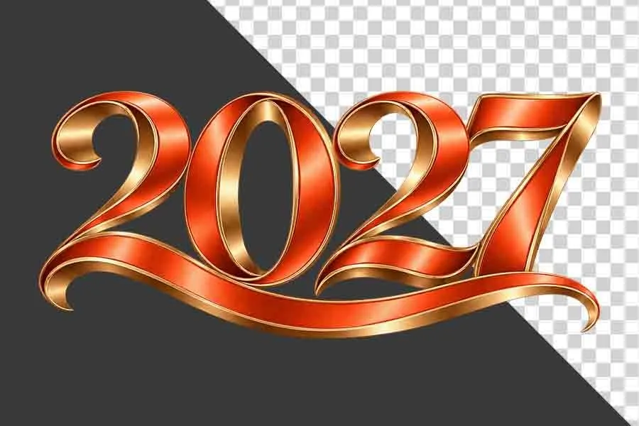 Số 2027 3D đỏ viền vàng kim uốn lượn nghệ thuật ngày Tết - File PNG